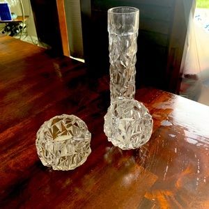 Tiffany crystal votive or tea light candle holders and matching bud vase